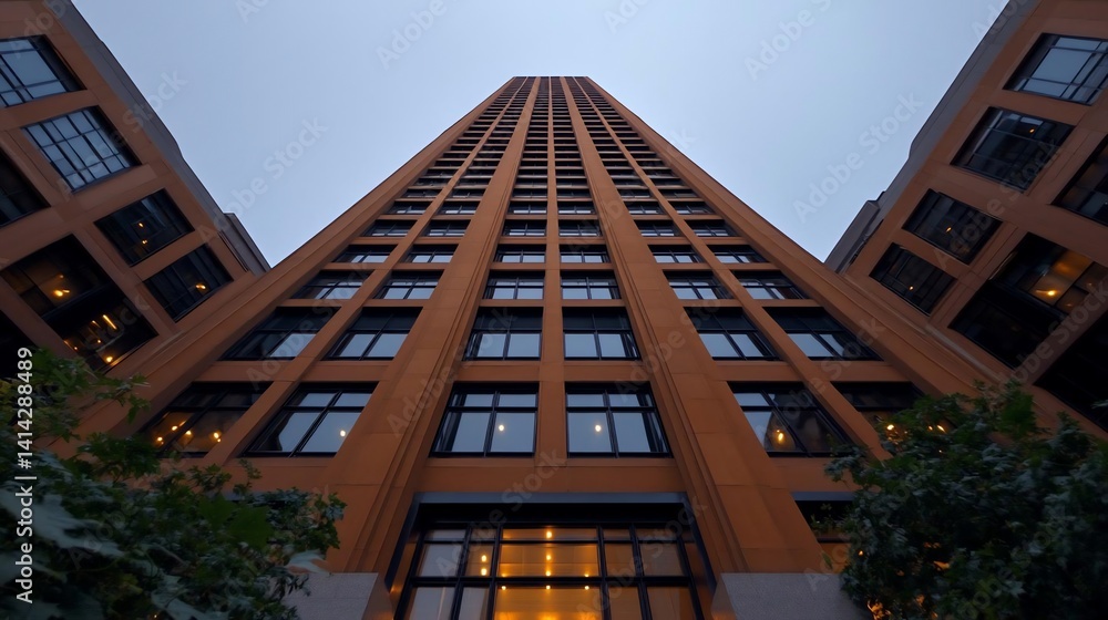 Aufkleber Low angle view of a tall building with symmetrical design. Brown facade with numerous windows against a moody gray sky. Green foliage at the base. Reflective glass