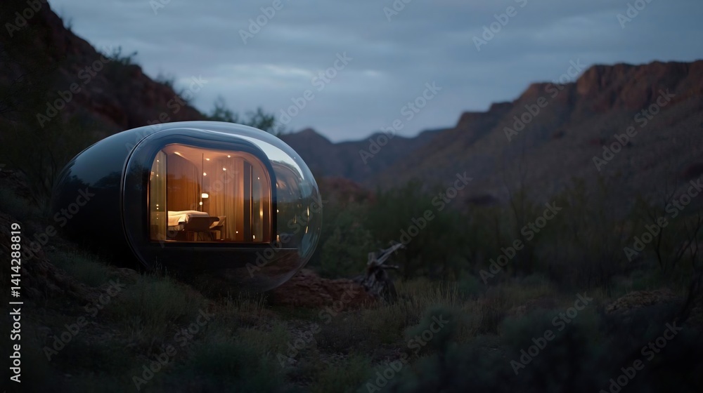Poster Modernistic pod structure nestled in arid mountain terrain with soft interior glow and ambient dusk lighting setting a peaceful atmosphere