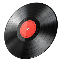 Vinyl Record Close-Up with Red Label on Black Background, Retro Music Concept.