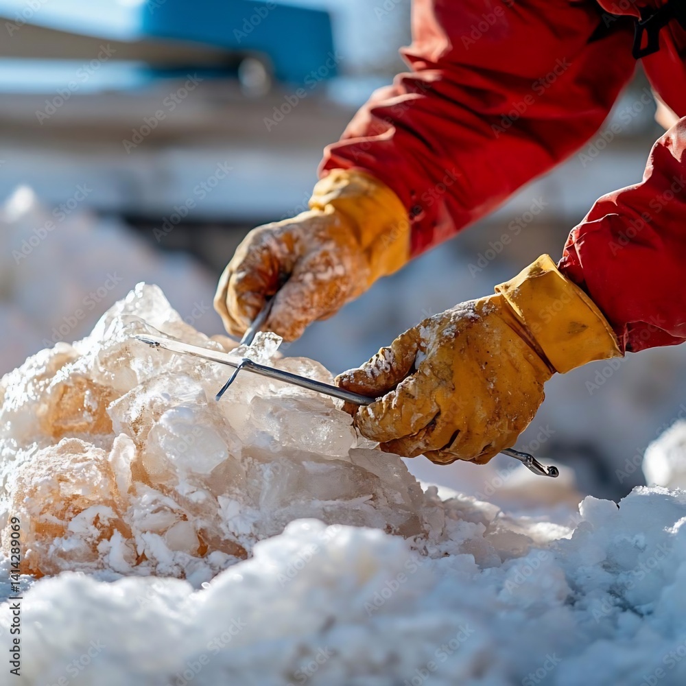 Poster close-up view of gloved hands manipulating ice formations revealing layers. the image highlights tex