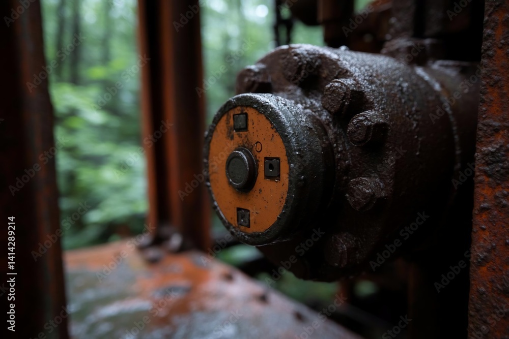 Poster close up of an old rusty industrial machine part covered in mud with a green forest background. deta