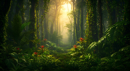 Obraz premium Lush Jungle Path with Sunlight Shining Through Trees