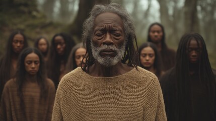 Fototapeta premium Man with weathered face stands in forest, eyes closed, as people behind him echo his solemn stillness