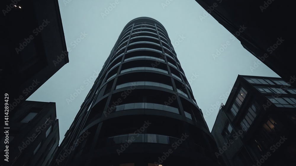 Aufkleber low angle view of a modern cylindrical high-rise building under a cloudy sky framed by adjacent buil
