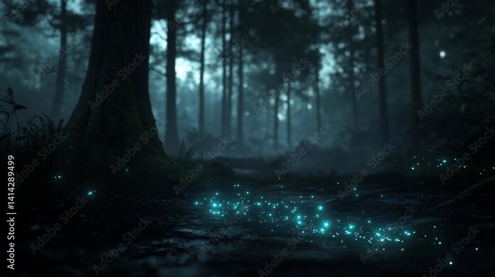 Poster generic forest scene illuminated by ethereal blue glowing particles along a path, trees shrouded in 