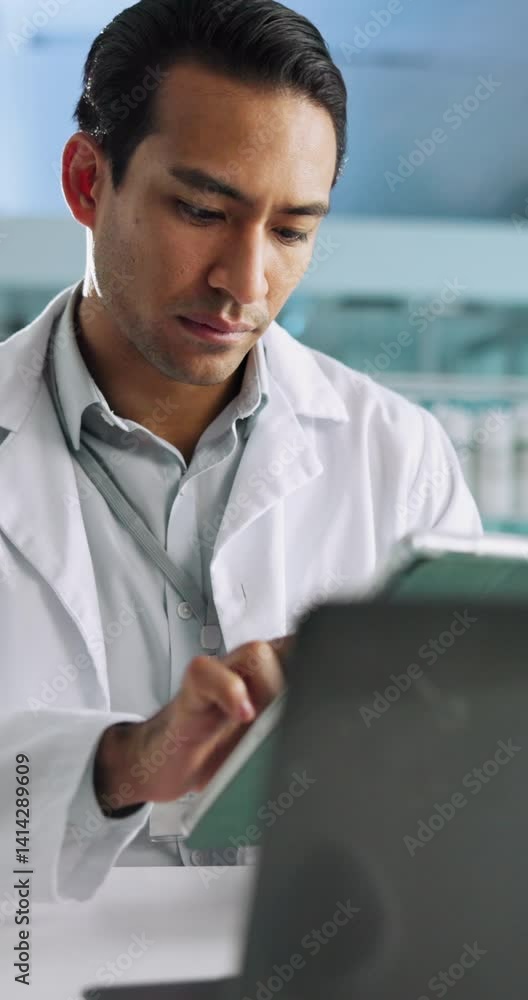Poster science, microscope and man in laboratory with tablet for research, development or test. digital app