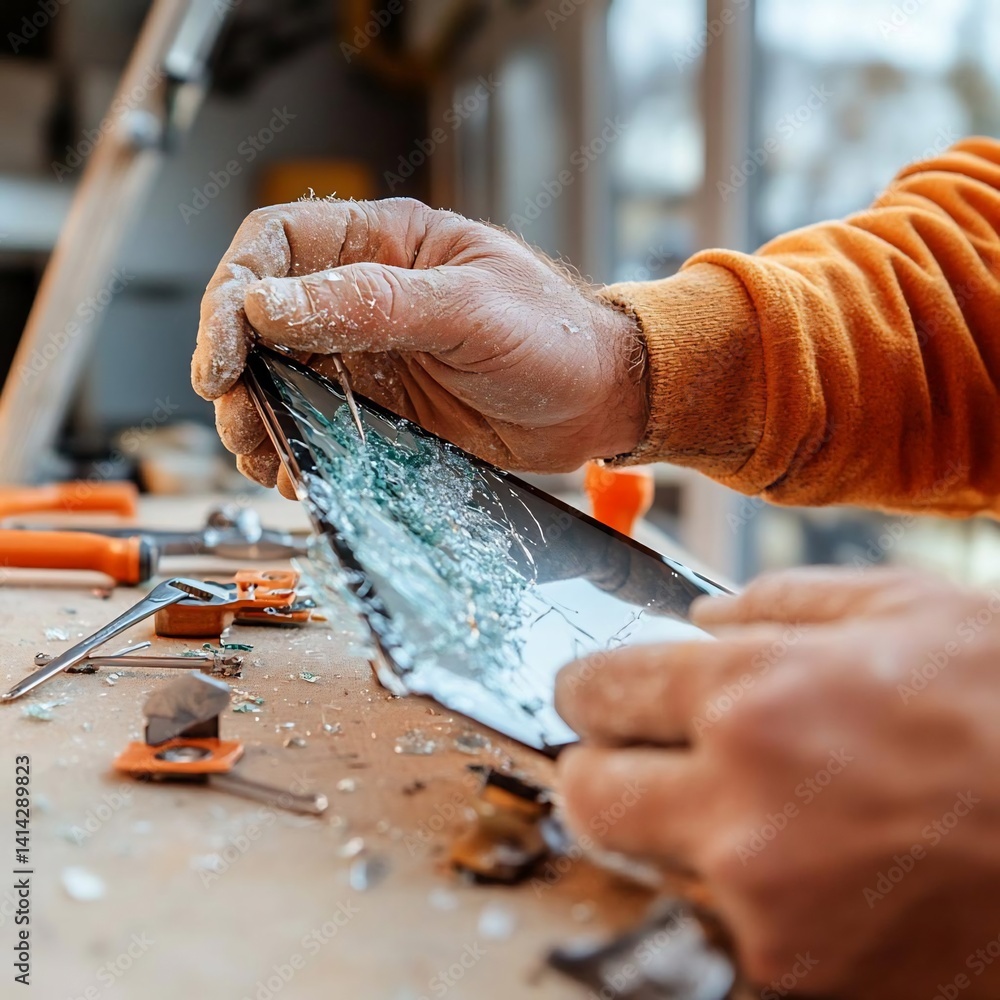 Poster close-up of hands examining shattered glass on a workbench with tools and orange sleeve. focus on re