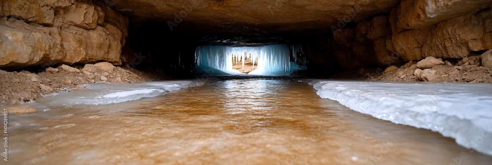 Poster an eye-level perspective of a narrow cave tunnel with ice formations and water reflection, illuminat