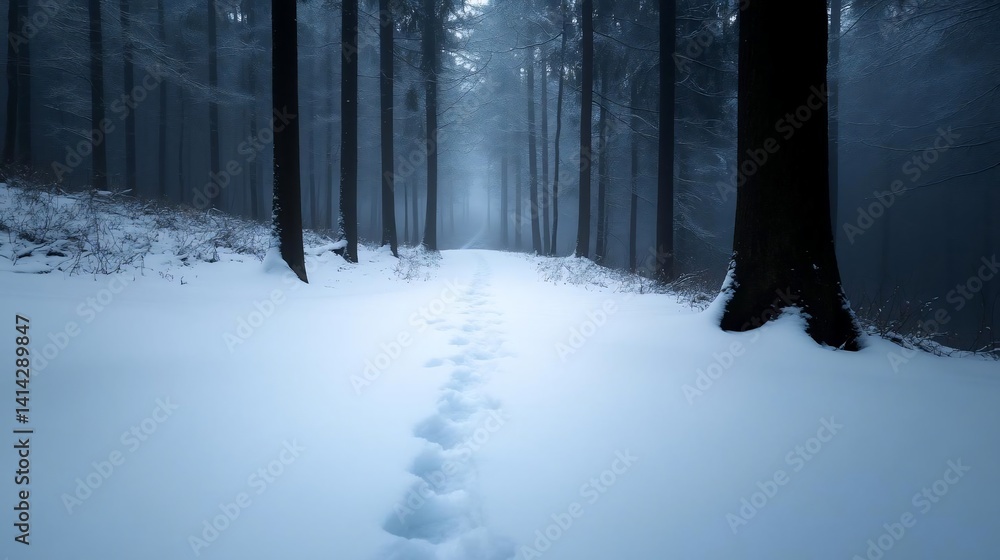 Leinwandbilder a tranquil winter scene featuring a snow-covered forest path winding through tall trees. footprints 
