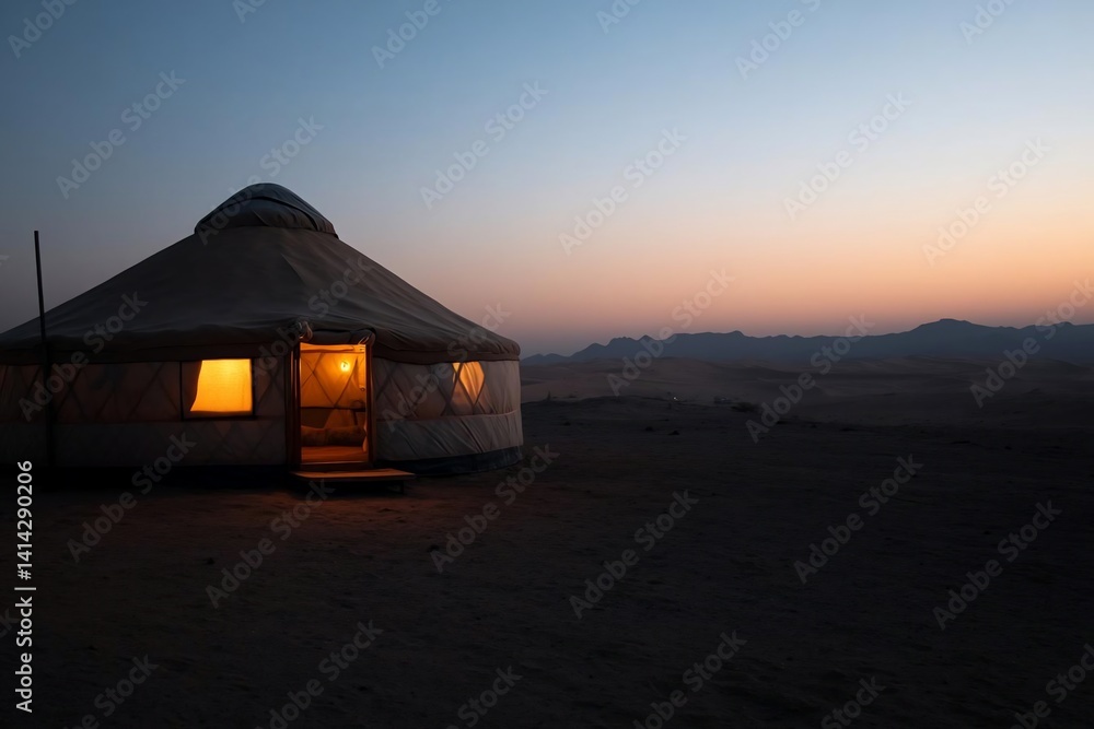Fototapete A yurt illuminated from within sits on a desert landscape under a twilight sky. Warm light spills from the open door and windows. Silhouettes of distant formations add depth