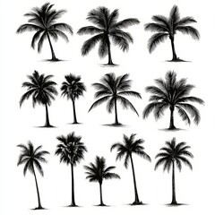Set of Black Palm Tree Silhouettes Isolated on White Background for Tropical and Summer Design