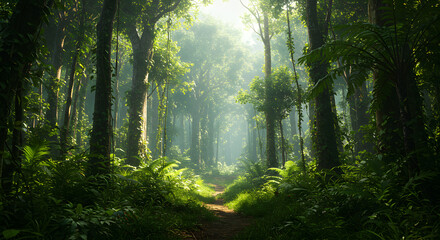 Obraz premium Lush Forest Trail Sunlight Shining Through Trees Nature Scene