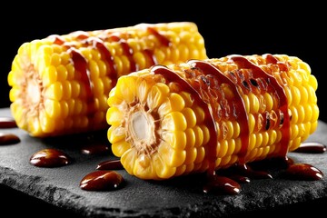 Elaborada fotografía de alimentos que muestra dos mazorcas de maíz dorado sobre una base de piedra oscura