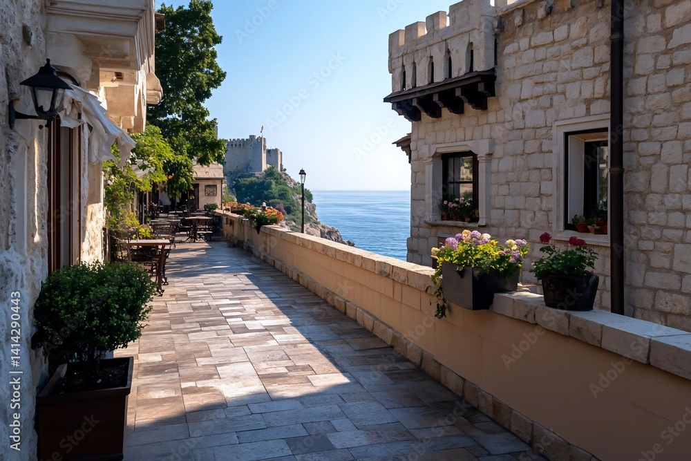 Poster picturesque stone architecture promenade with cafe tables overlooking the turquoise sea under a clea