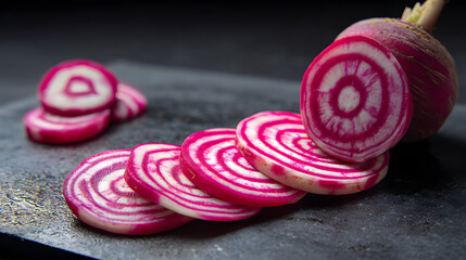Stunning Ultra-Detailed Chioggia Beet Slices on a Dark Stone Surface Showcasing Unique Colors and Patterns