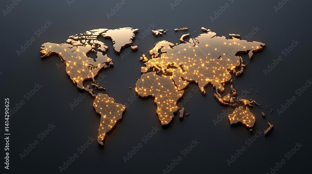 Leinwandbilder Gleaming gold world map with illuminated city lights set against a dark background evoking a sense of global connectivity and data visualization