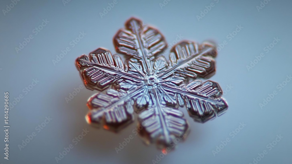 Fototapete Close-up shot of a single snowflake crystal with intricate details against a soft blurred background. The snowflake's delicate structure is highlighted with a focus on its patterns and textures