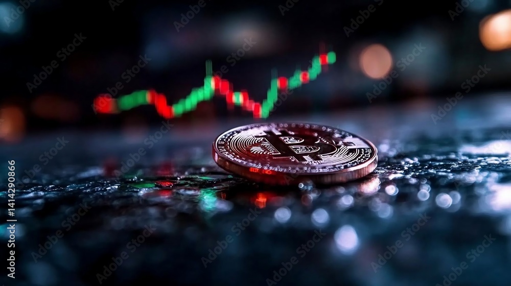 Leinwandbilder close-up of a coin on a wet surface with a blurred background and a rising green and red graph repre