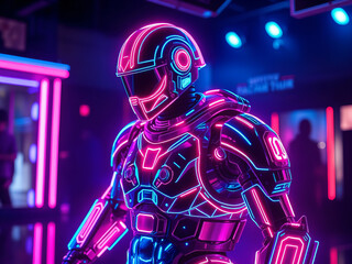 Holographic warrior robot made of neon lines