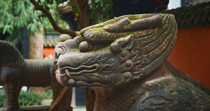 Chengdu, Sichuan, China. Stone Sculptures Of Kylins Or Qilin At Tomb Passage In Wuhou Memorial Temple. Kylins Is Mascot Dragon In China. Qilin Legendary Hooved Chimerical Creature That Appears In