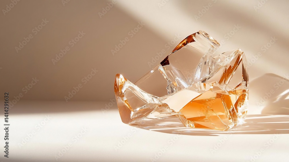 Poster close up of a geometric transparent glass object with warm lighting casting shadows on a white surfa