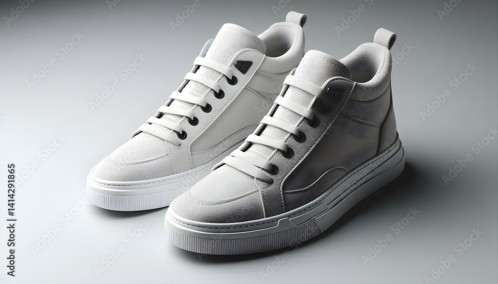 Poster minimalist suede sneakers with uniform sole and smooth texture displayed on elegant gray background 