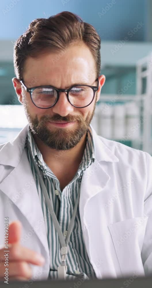 Poster Research, thinking and man in lab, laptop and breakthrough with science, results for experiment and ideas. Person, scientist and employee in workplace, pc and test for vaccine development or decision