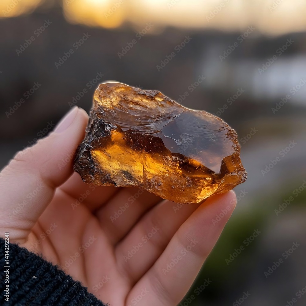 Poster close up view of a hand holding a piece of amber stone with light reflections and blurred background