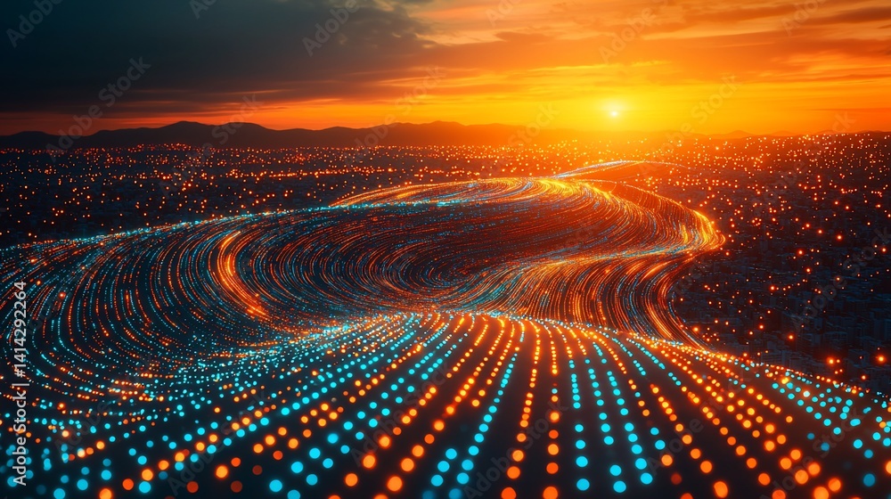 Poster sunset river of data flow