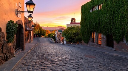 Fototapeta premium Cobblestone street, uphill, sunrise, vine-covered buildings, pedestrian scene