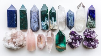 Artistic arrangement of premium crystal specimens photographed from above, featuring terminated clear quartz points, deep blue lapis lazuli, green malachite, pink rose quartz, and purple amethyst,