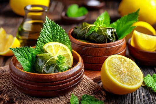 Deliciosos dolmas griegos con lim&oacute;n y hierbabuena en recipientes de madera