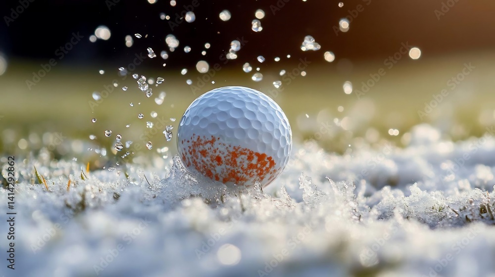 Aufkleber Close-up of a ball impacting snow and water droplets on green grass creating a dynamic splash effect focused shot with soft bokeh background