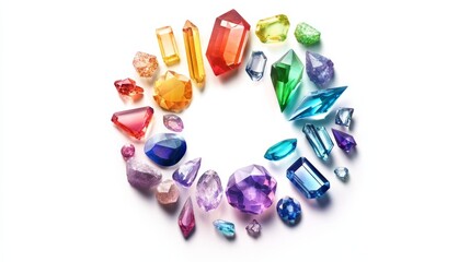 Circular arrangement of vibrant gems, varied geometric crystal shapes, rainbow colored stones, symmetrical crystalline formation, clean white backdrop, modern illustration style, precise mineral