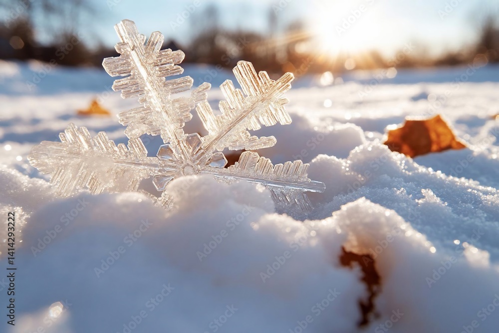 Aufkleber Macro shot of a snowflake illuminated by sunlight resting on a snowy surface, showcasing intricate details and textures in winter setting