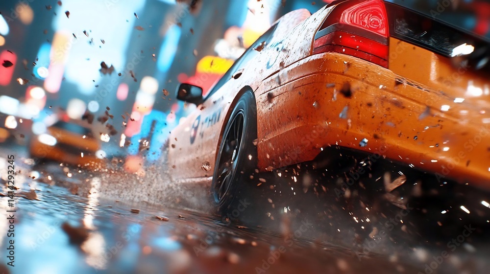 Poster Dynamic view of a vehicle splashing through a rain-soaked street with blurred lights creating a sense of motion and urban energy