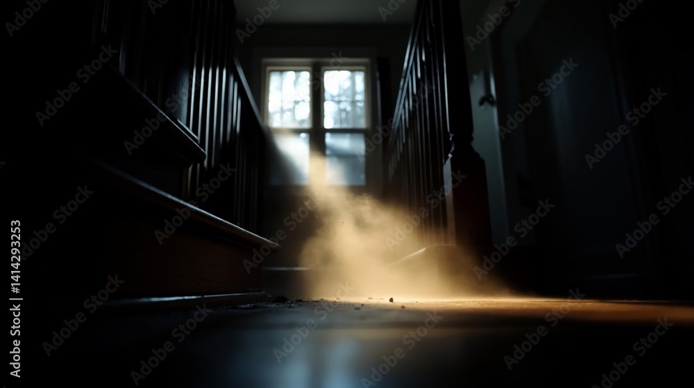 Poster low angle shot of staircase with dust particles illuminated by sunlight creating a moody atmospheric