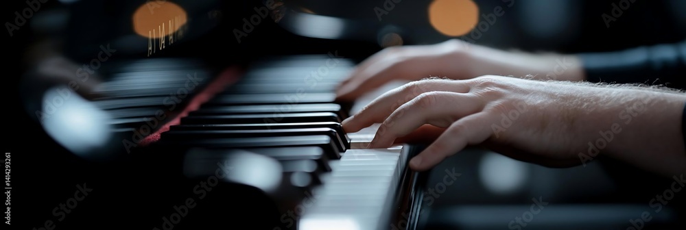 Poster close-up of performer's hands playing piano keys indoors with soft lighting. the image features the 
