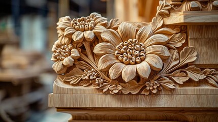 A wooden carving of a flower with a leafy stem