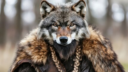 Fototapeta premium Gray wolf in a magnificent, fur-lined cloak.