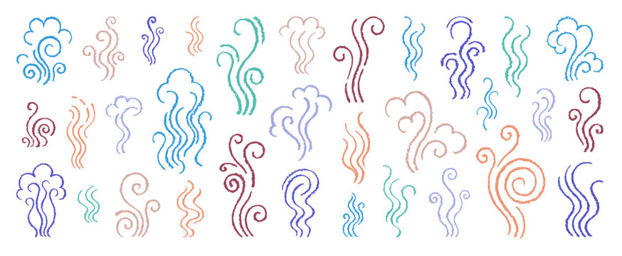 Smoke icon. Doodle smell steam line vector. Color line smoke, scent, hot air. Crayon smell or wind steam logo. Hand drawn illustration. Heat wave of coffee aroma. Fire swirl. Cooking smoke Line sketch