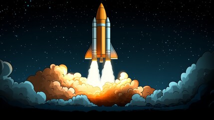 Naklejka premium Spacecraft Ascends to Stellar Heights: A dynamic illustration showcases a spacecraft as it boldly blasts off, igniting with brilliant flames and smoke.