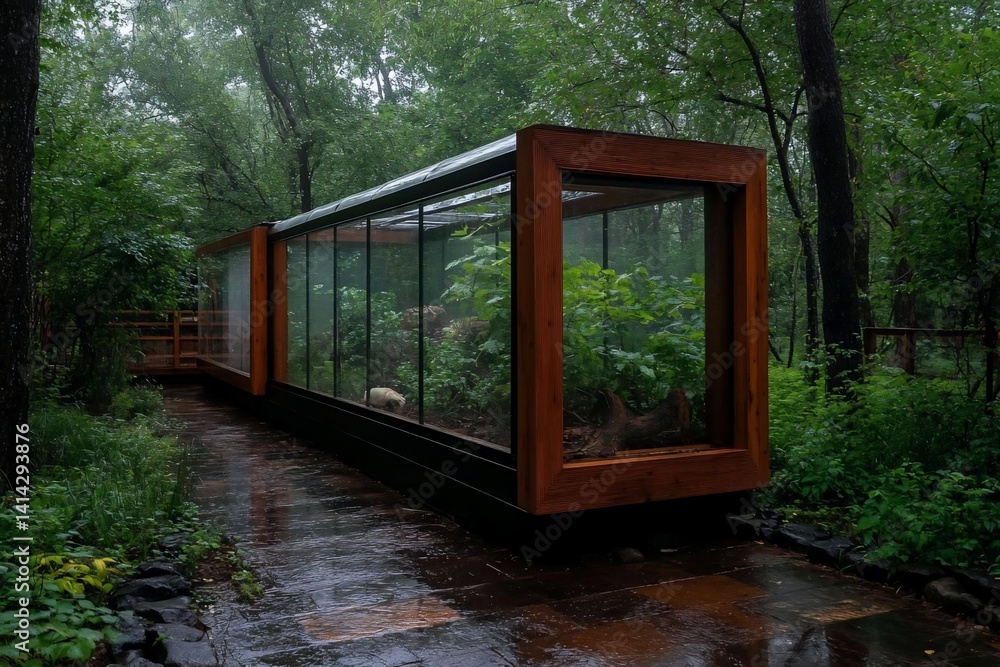 Aufkleber A modern glass and wood structure blends into a verdant forest with a rain-slicked path beneath overcast skies creating a tranquil outdoor scene