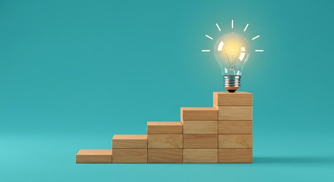 Illuminated Ascent: Glowing Idea on Wooden Steps