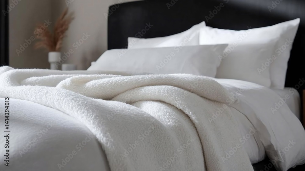Aufkleber close up shot of a neatly made bed with white sheets and a fluffy blanket. the bed is set against a 