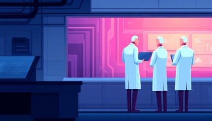 Obraz premium Team of scientists discussing research in a high-tech laboratory environment.