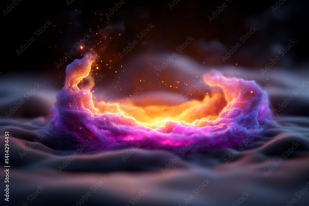 Poster Abstract visualization of a vibrant celestial ring with luminous core emerging from ethereal clouds against dark backdrop showcasing radiant energy and atmospheric depth