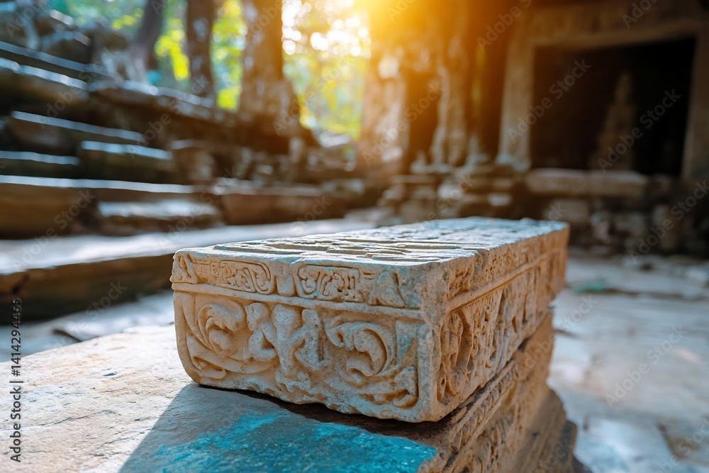 Fototapete close-up view of an ornate carved stone block set in a ruined temple with sunlight. ancient architec