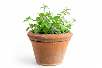 Obraz premium Lush green mint plant thriving in a terracotta pot against a bright white background isolated on transparent background