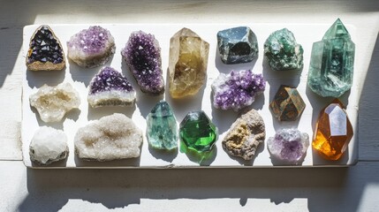 Elegant flat lay of esoteric crystal healing setup, diverse array of gemstones from deep purple amethyst to celestial moldavite, white wooden platform highlighting crystal clarity and color, mindful